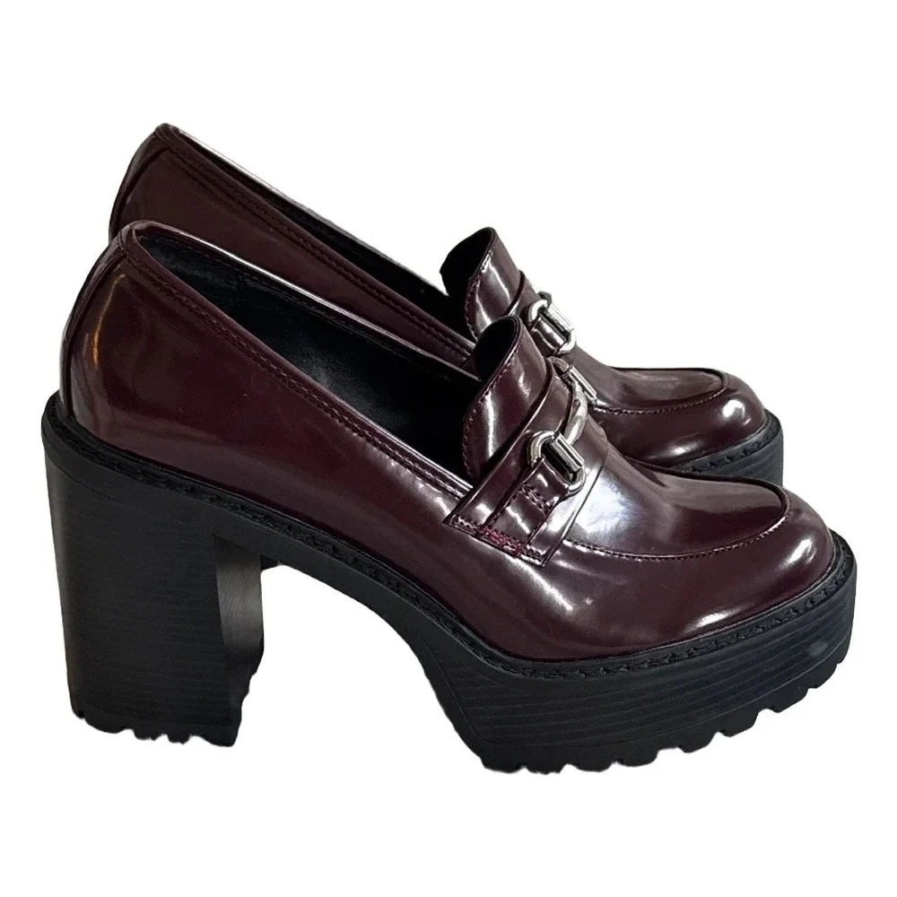 Madden Girl Kiiera Burgundy Patent Platform Loafers Horsebit Lug Sole Heel 9.5M